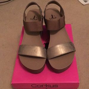 New Corky’s Copper Metallic Platform Wedge Sandal.
